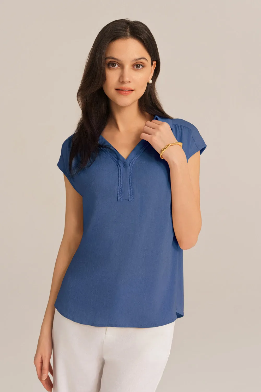Casual Lapel Collar Loose Fit Pullover Tops - Blue
