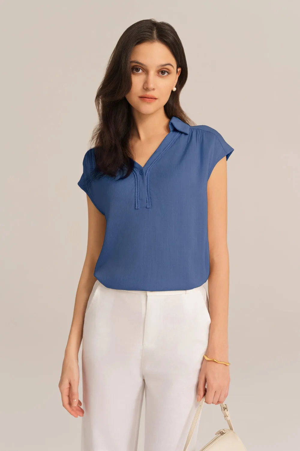 Casual Lapel Collar Loose Fit Pullover Tops - Blue