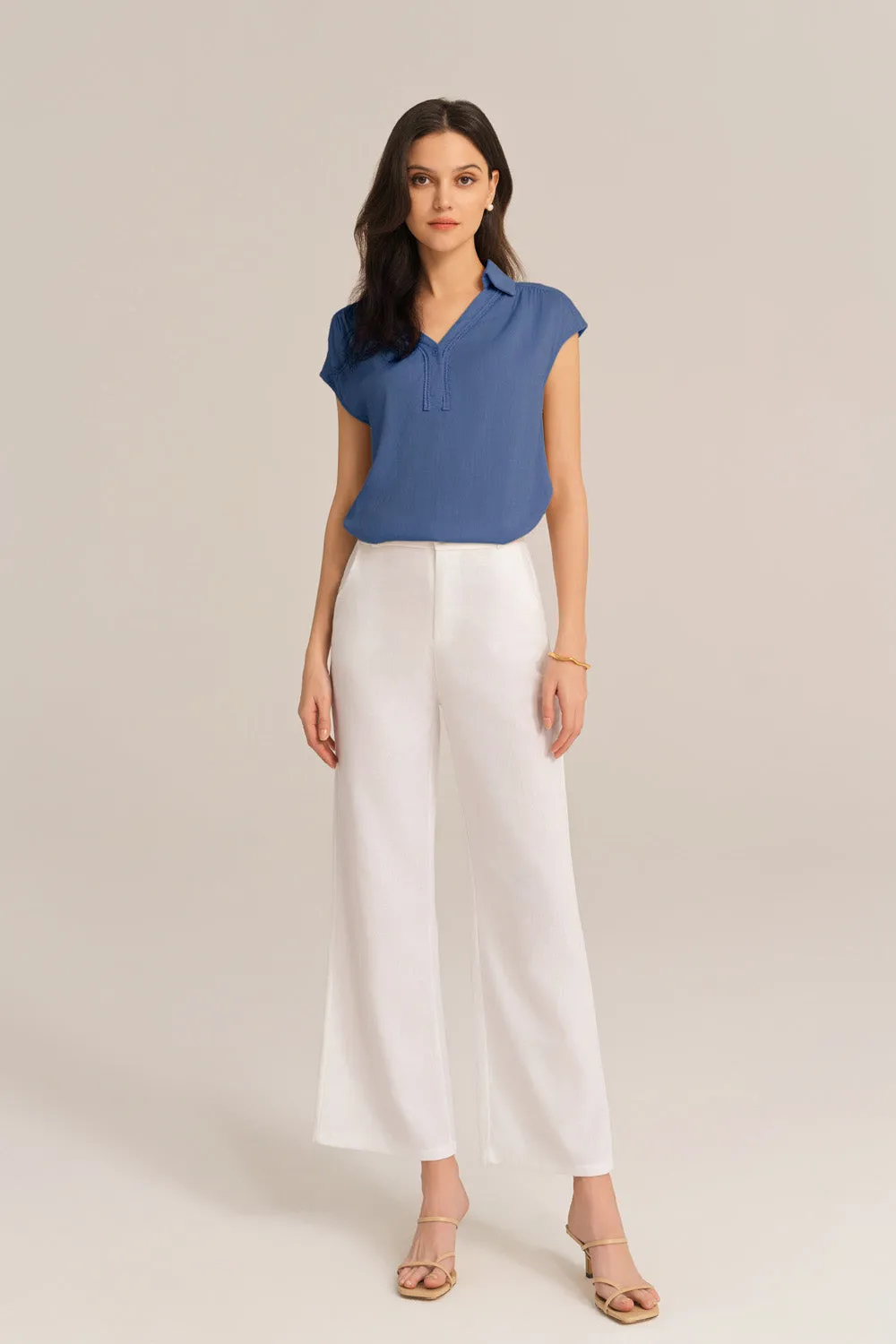 Casual Lapel Collar Loose Fit Pullover Tops - Blue
