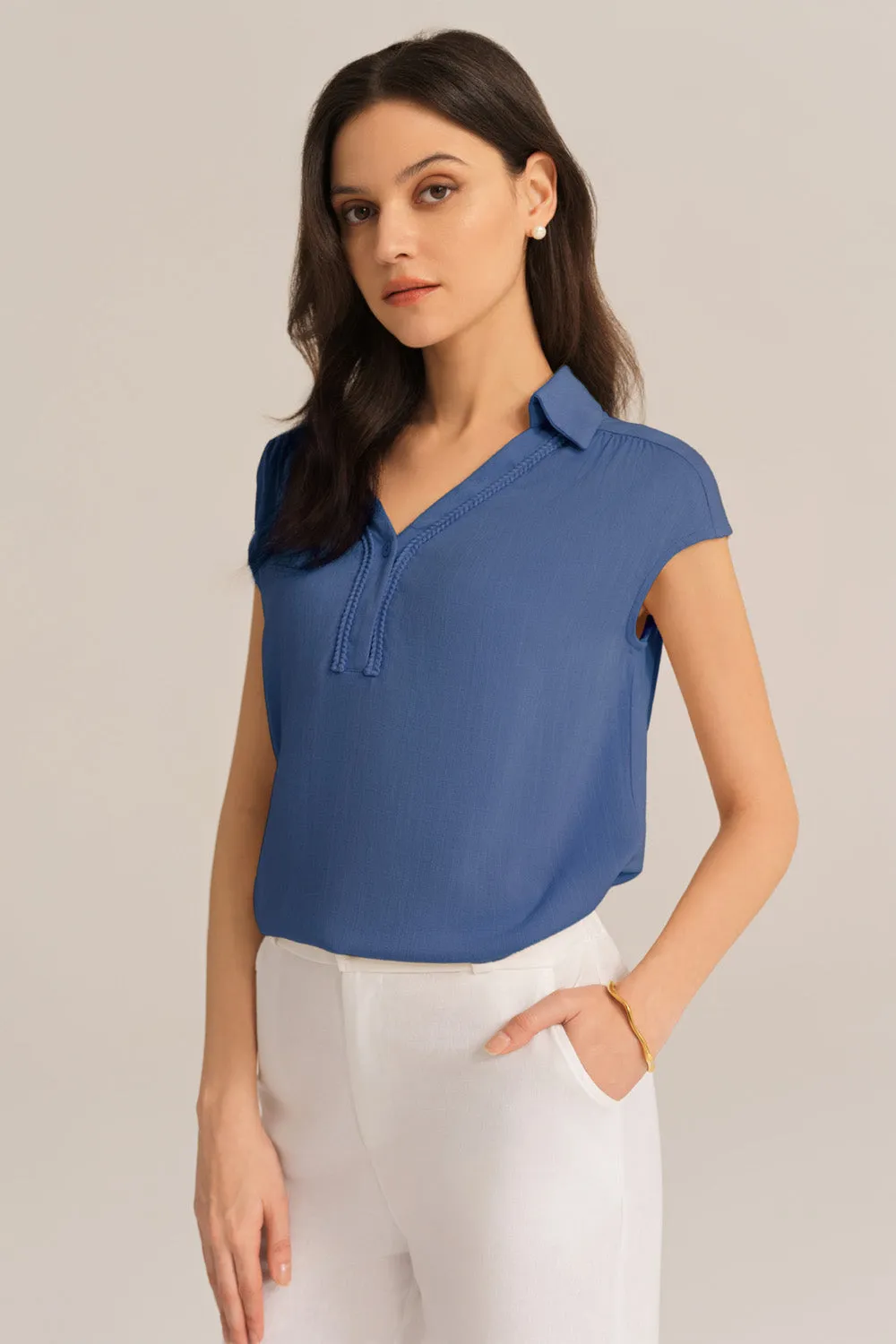 Casual Lapel Collar Loose Fit Pullover Tops - Blue