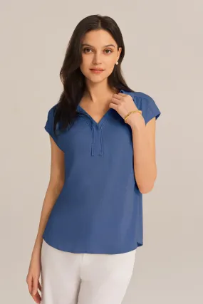 Casual Lapel Collar Loose Fit Pullover Tops - Blue