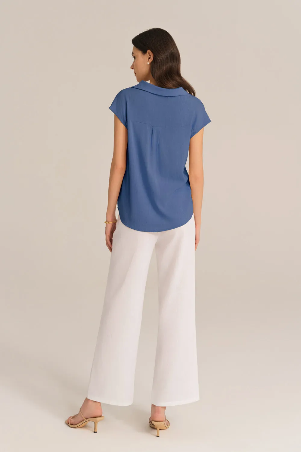 Casual Lapel Collar Loose Fit Pullover Tops - Blue