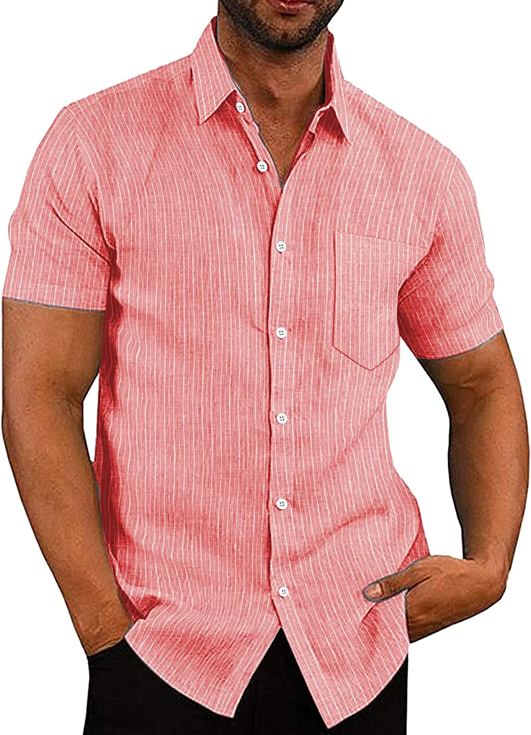 Casual Linen Button Down Short Sleeve Beach Shirt