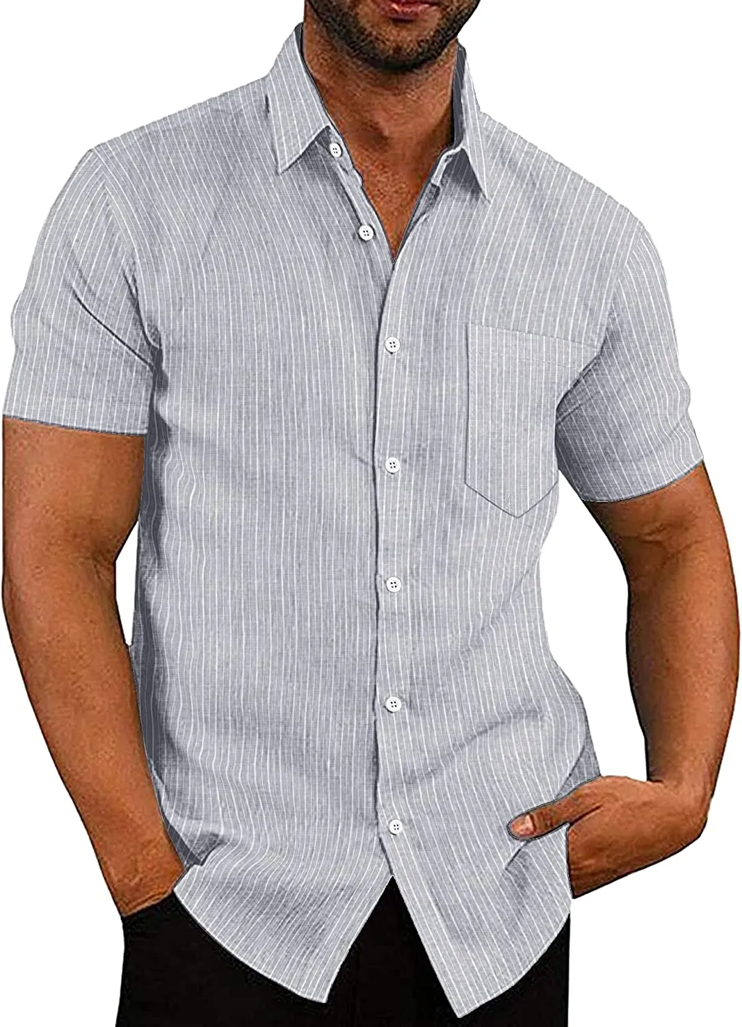 Casual Linen Button Down Short Sleeve Beach Shirt
