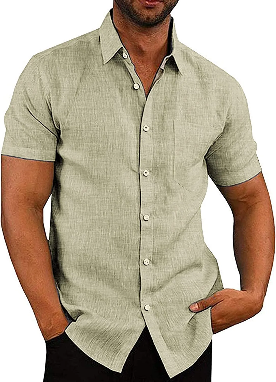 Casual Linen Button Down Short Sleeve Beach Shirt