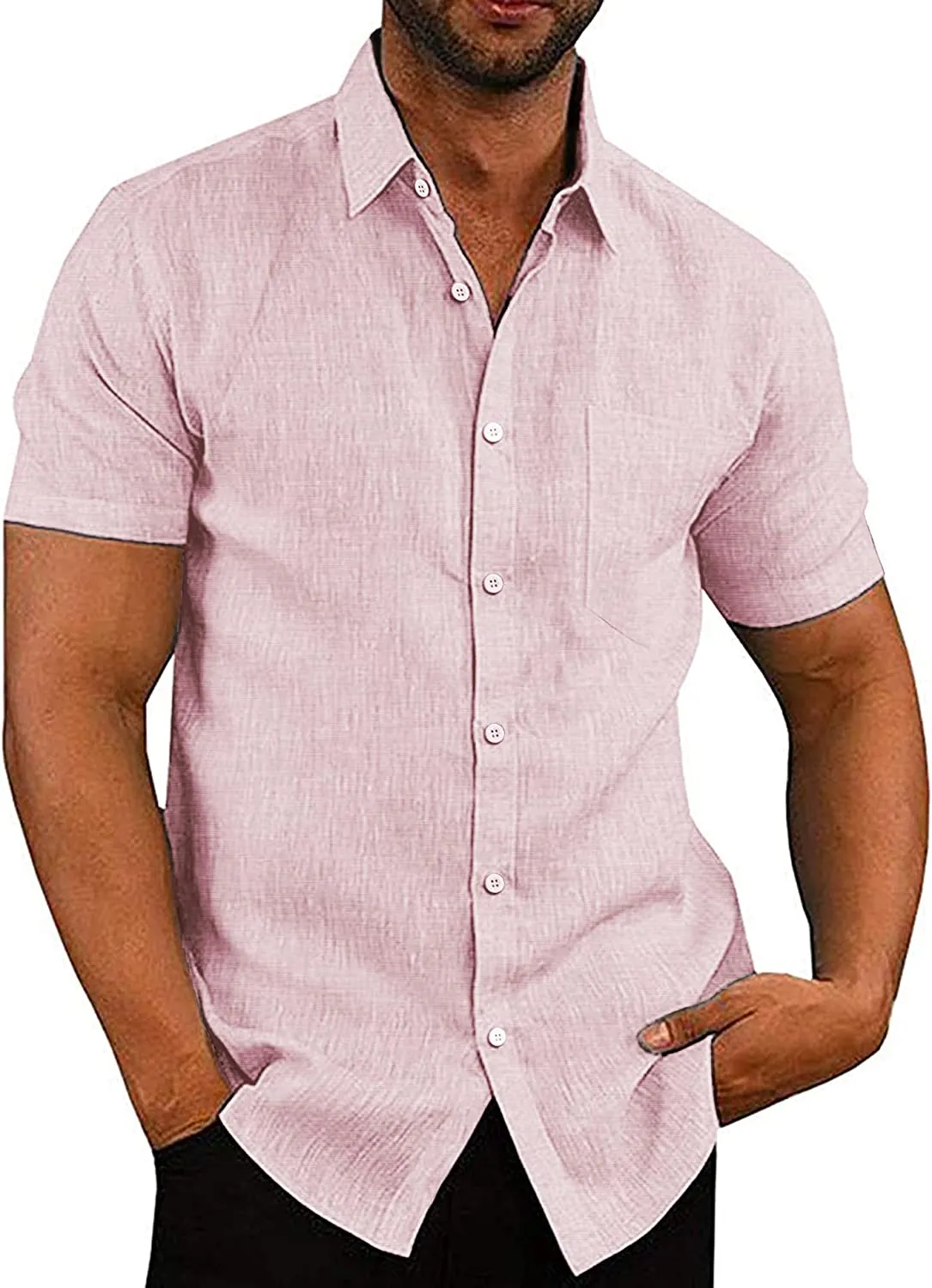 Casual Linen Button Down Short Sleeve Beach Shirt