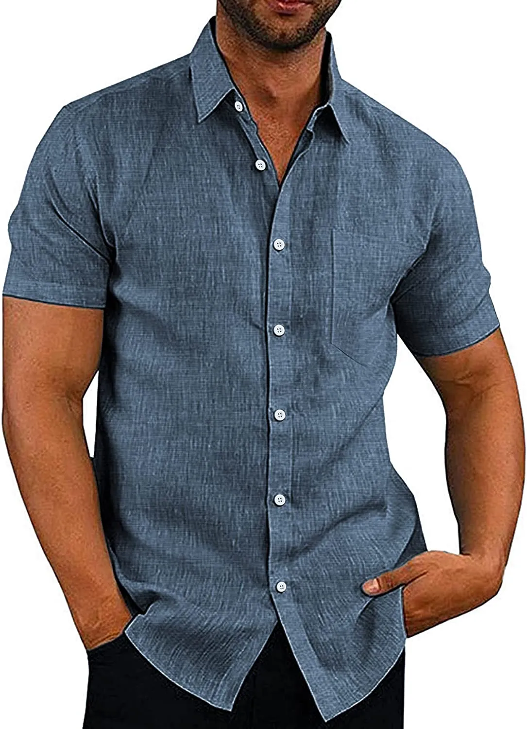 Casual Linen Button Down Short Sleeve Beach Shirt
