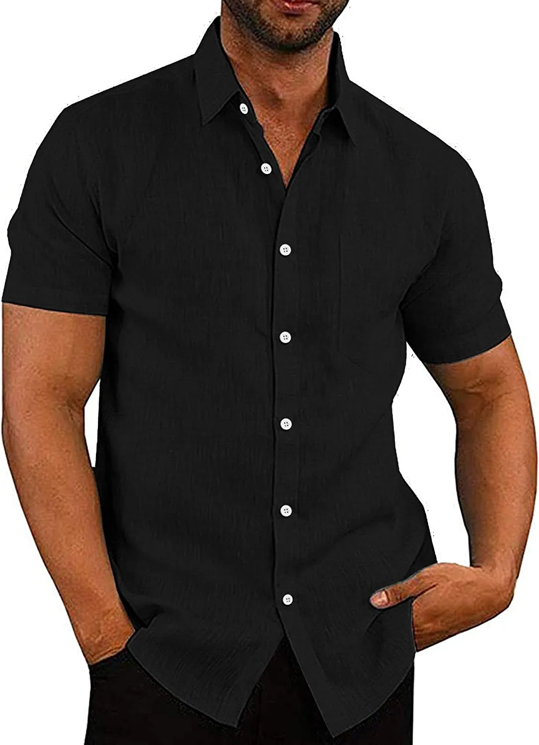 Casual Linen Button Down Short Sleeve Beach Shirt