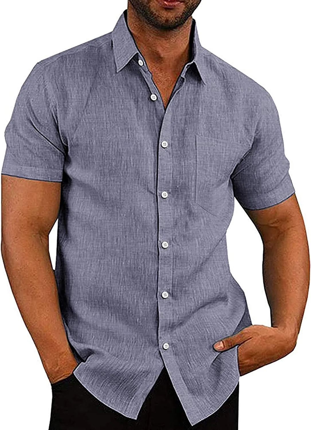 Casual Linen Button Down Short Sleeve Beach Shirt