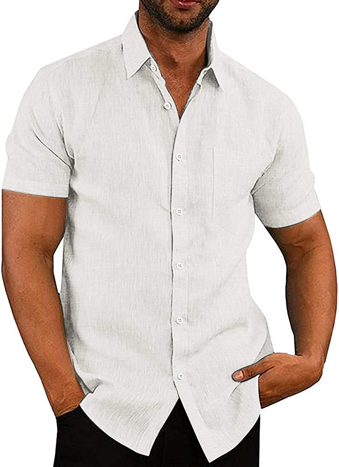 Casual Linen Button Down Short Sleeve Beach Shirt