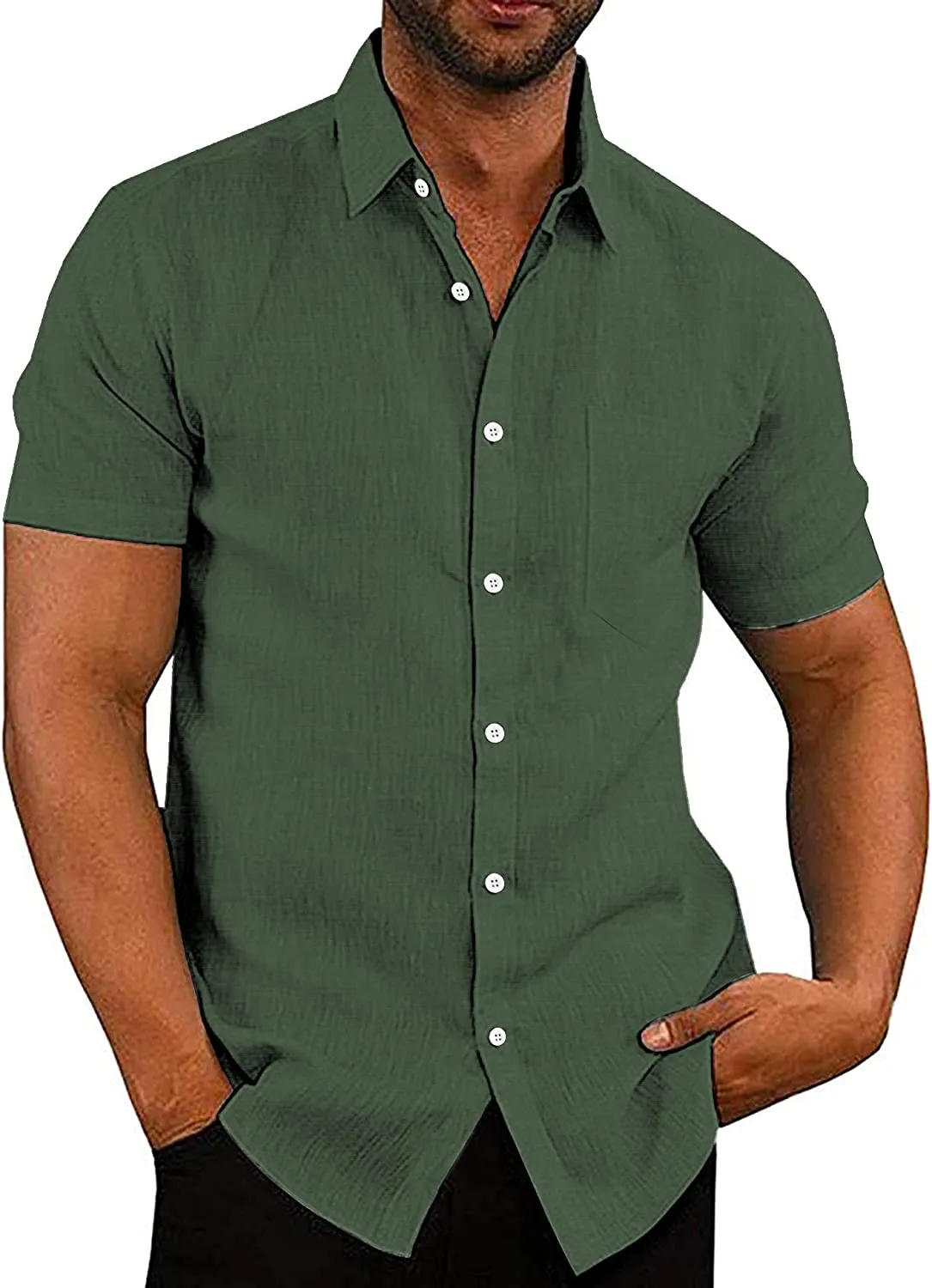 Casual Linen Button Down Short Sleeve Beach Shirt