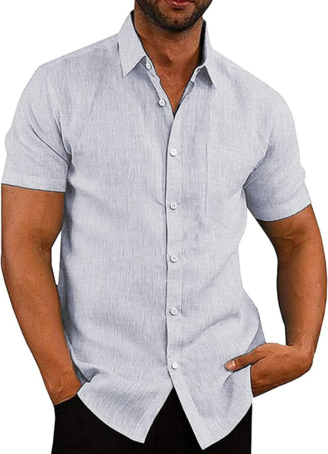 Casual Linen Button Down Short Sleeve Beach Shirt