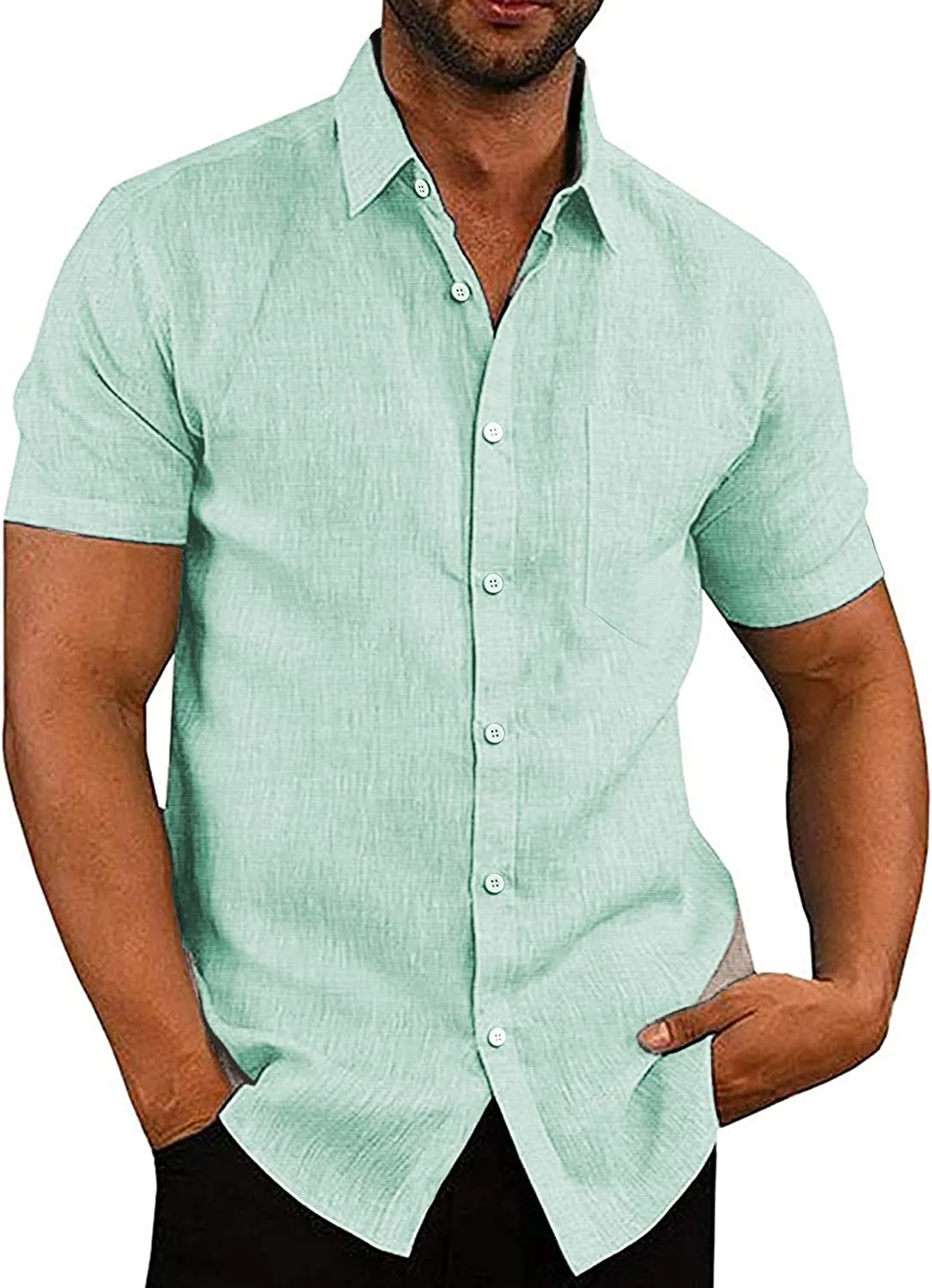 Casual Linen Button Down Short Sleeve Beach Shirt