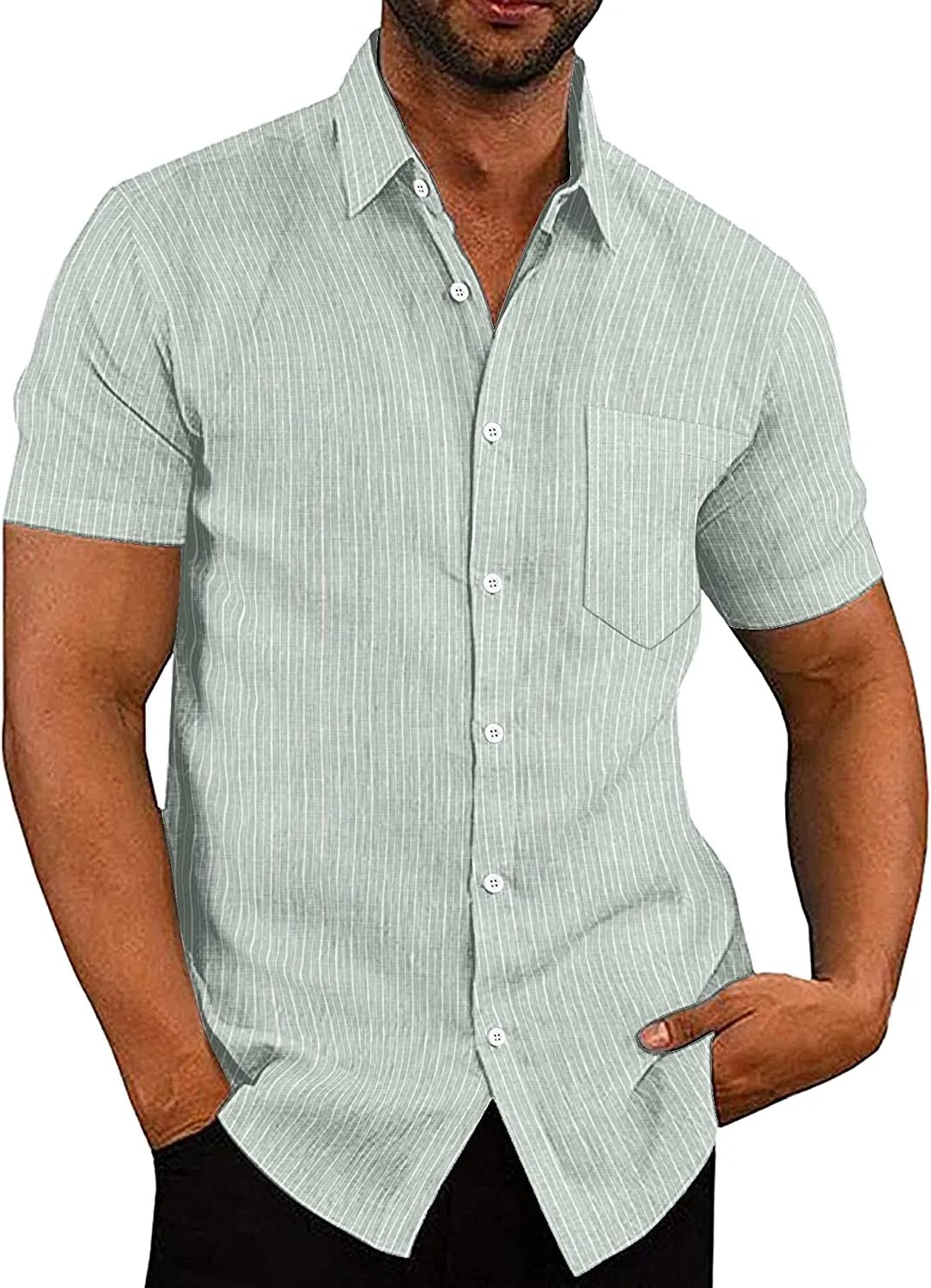 Casual Linen Button Down Short Sleeve Beach Shirt