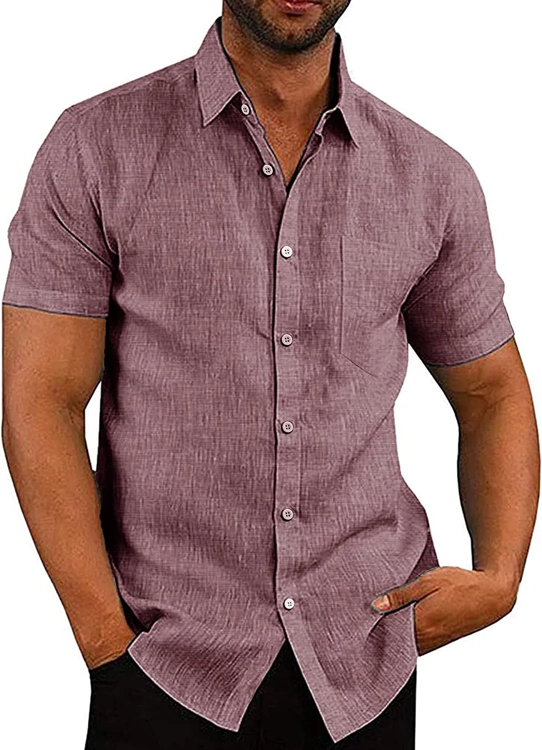 Casual Linen Button Down Short Sleeve Beach Shirt