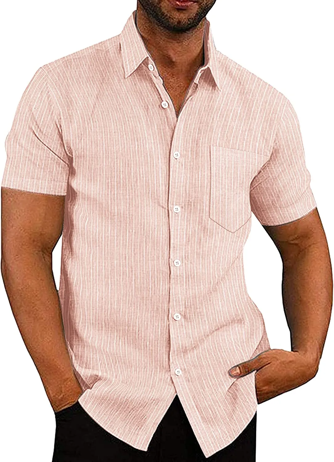 Casual Linen Button Down Short Sleeve Beach Shirt