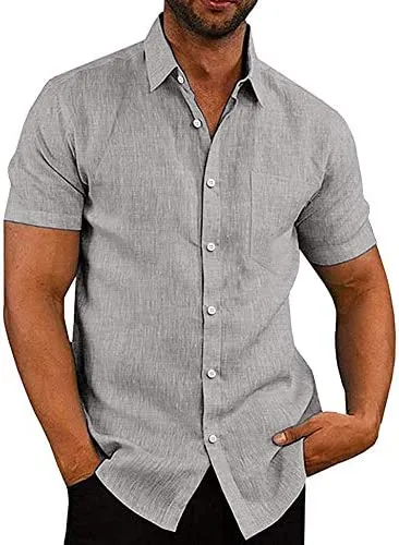 Casual Linen Button Down Short Sleeve Beach Shirt