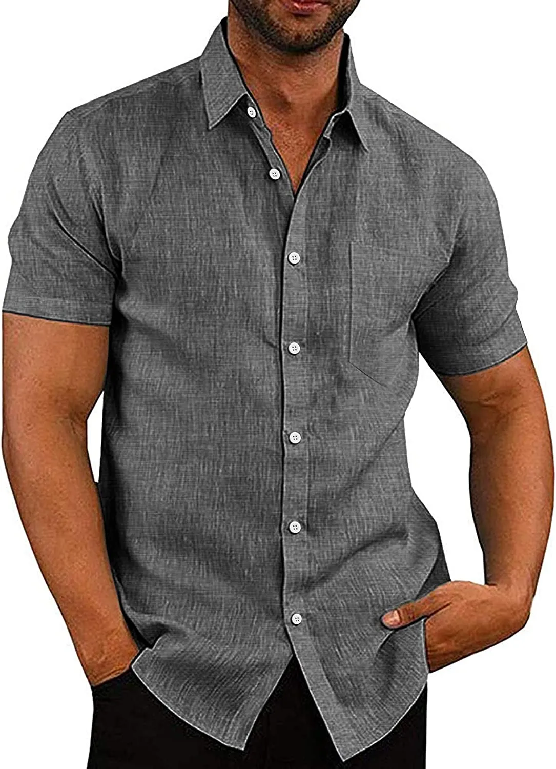 Casual Linen Button Down Short Sleeve Beach Shirt