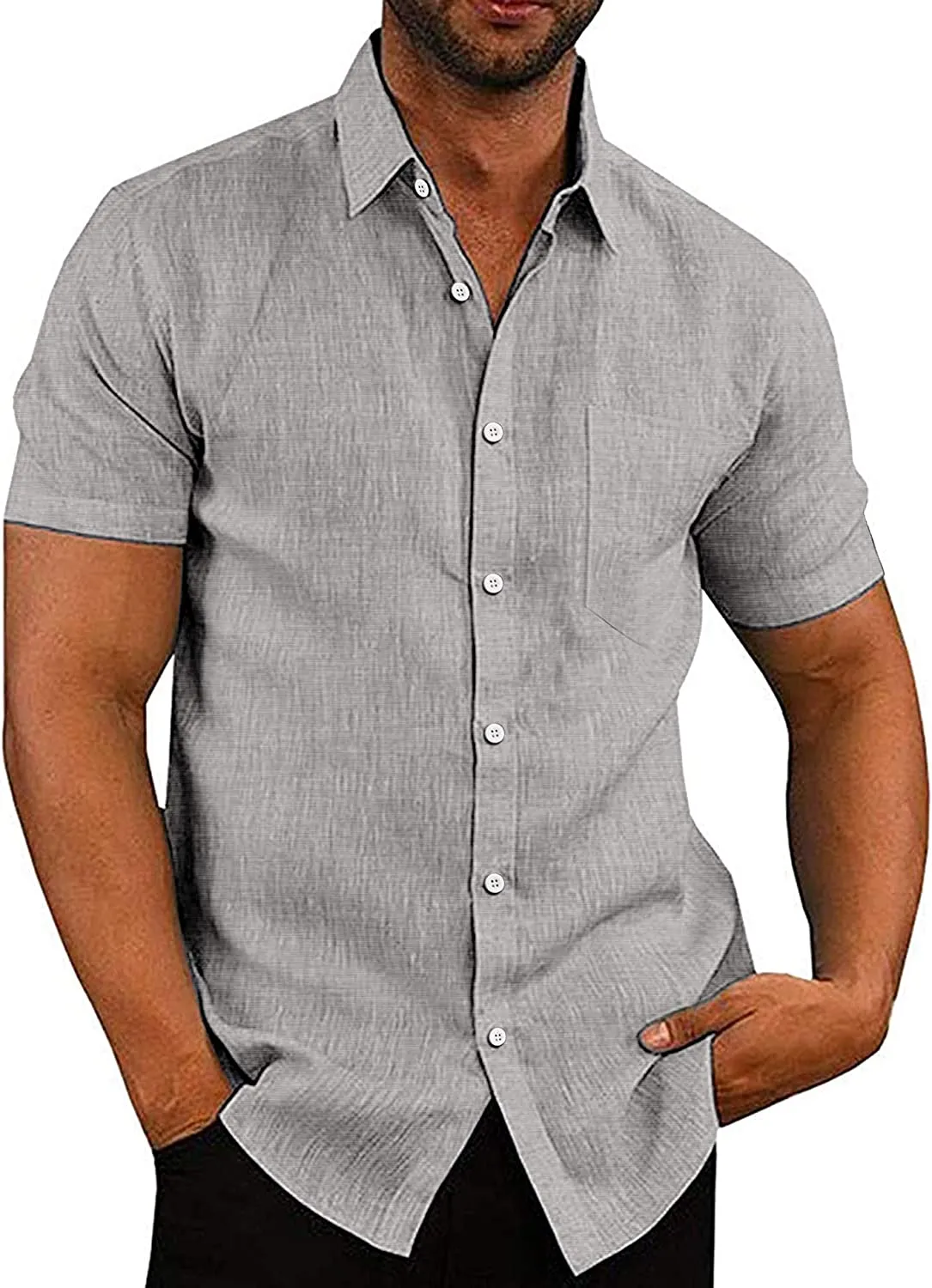 Casual Linen Button Down Short Sleeve Beach Shirt
