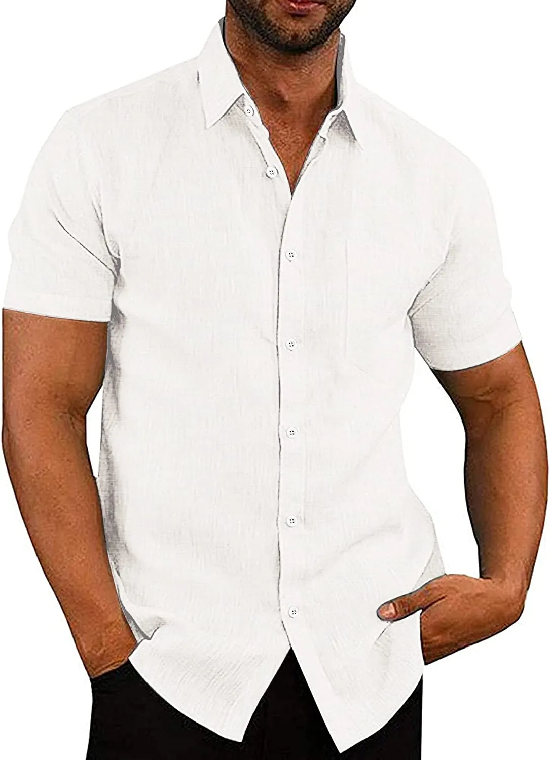 Casual Linen Button Down Short Sleeve Beach Shirt