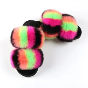 Chicvane Color Block Open Toe Furry Slipper Indoor Slide Shoes