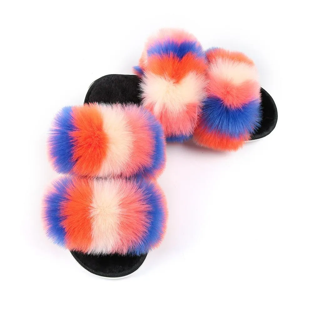 Chicvane Color Block Open Toe Furry Slipper Indoor Slide Shoes