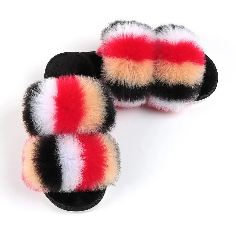 Chicvane Color Block Open Toe Furry Slipper Indoor Slide Shoes