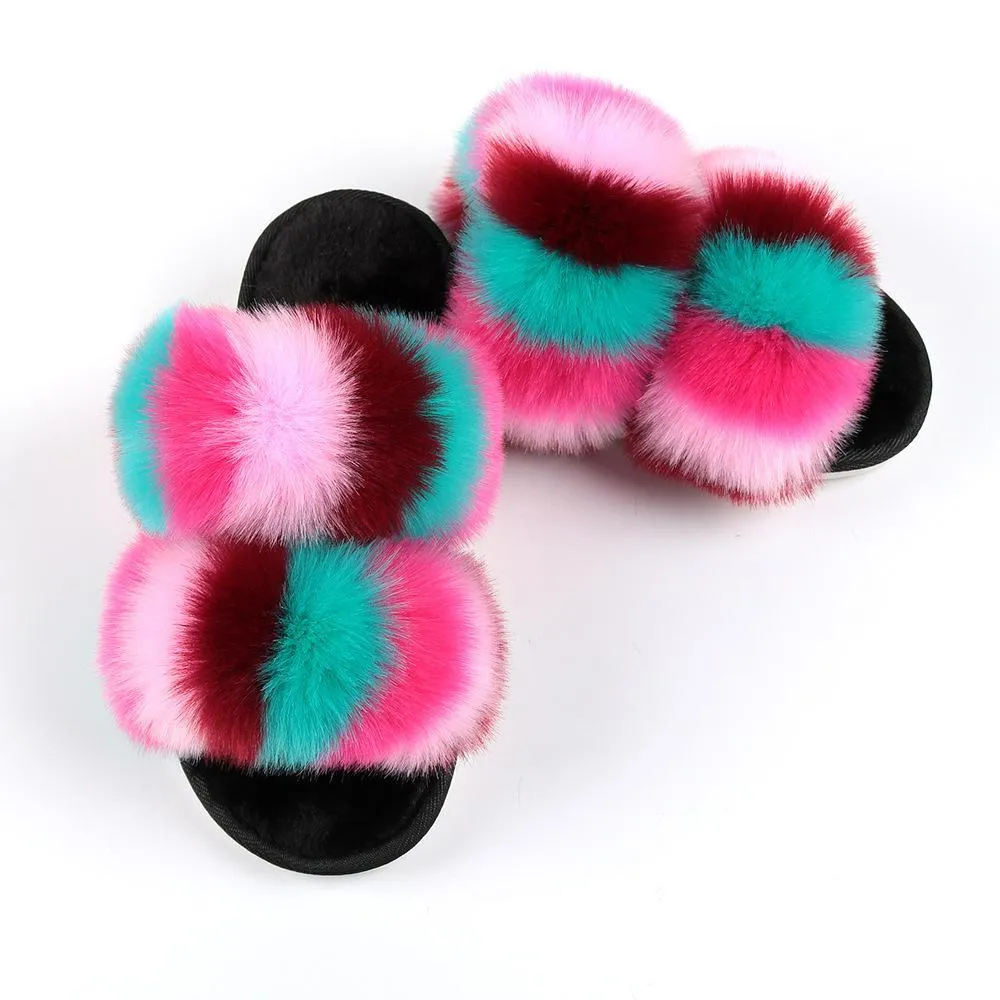 Chicvane Color Block Open Toe Furry Slipper Indoor Slide Shoes