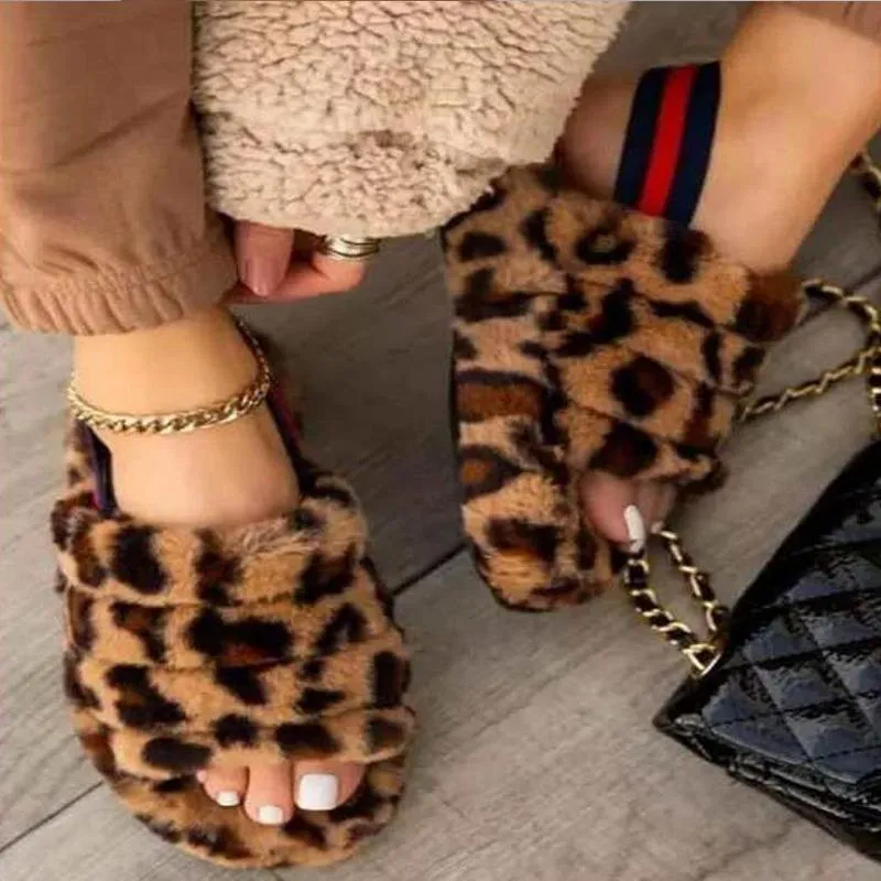 Chicvane Women's Leopard Faux Fur Open Toe Fluffy Elastic Strap Slide Sleeper