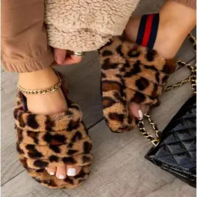Chicvane Women's Leopard Faux Fur Open Toe Fluffy Elastic Strap Slide Sleeper