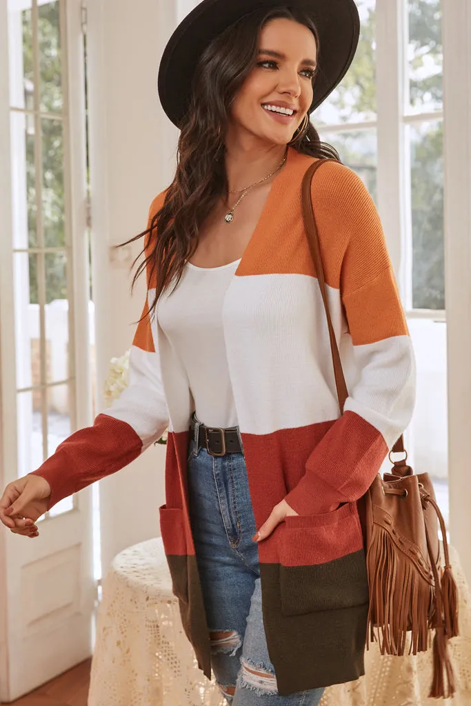 Color Bock Casual Loose Knit Sweaters Coat Long Sleeve with Pockets