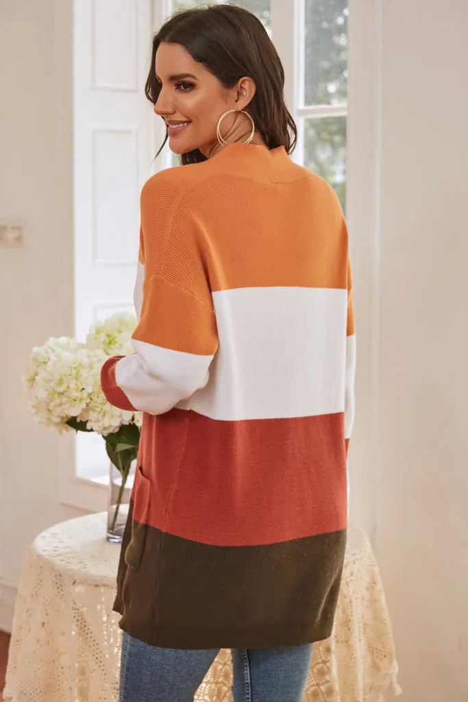 Color Bock Casual Loose Knit Sweaters Coat Long Sleeve with Pockets