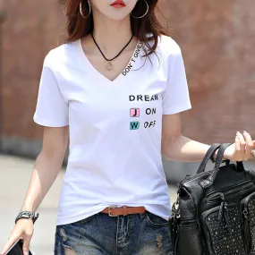 Cotton Korean Loose Student T-Shirt Women Short Sleeve V-Neck Black White Women Plus Size Slim Look Simple Tops T-Shirt