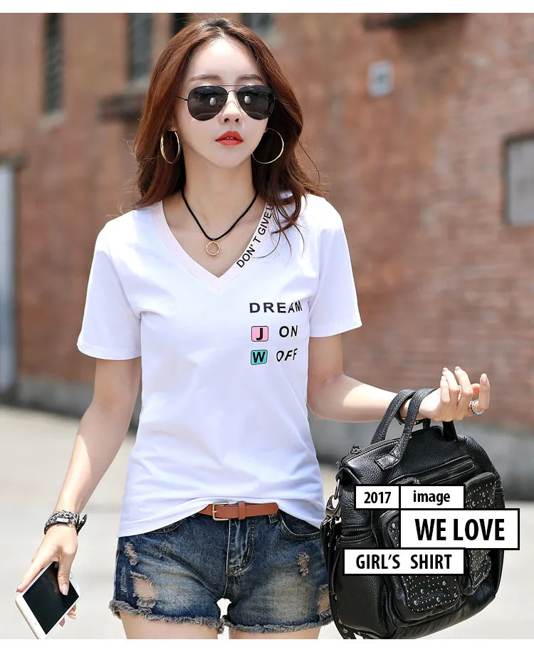 Cotton Korean Loose Student T-Shirt Women Short Sleeve V-Neck Black White Women Plus Size Slim Look Simple Tops T-Shirt