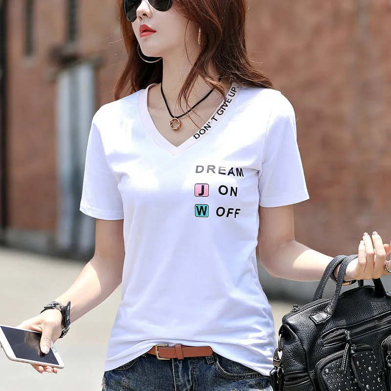 Cotton Korean Loose Student T-Shirt Women Short Sleeve V-Neck Black White Women Plus Size Slim Look Simple Tops T-Shirt