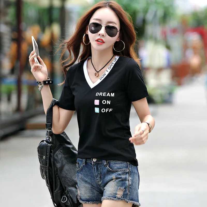 Cotton Korean Loose Student T-Shirt Women Short Sleeve V-Neck Black White Women Plus Size Slim Look Simple Tops T-Shirt