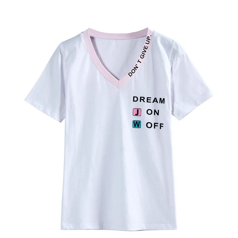Cotton Korean Loose Student T-Shirt Women Short Sleeve V-Neck Black White Women Plus Size Slim Look Simple Tops T-Shirt