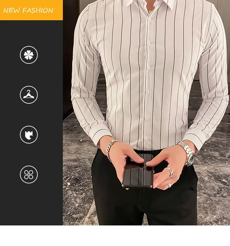 Fashion Men Shirts Button Down Slim Fit Long Sleeve Striped Shirts