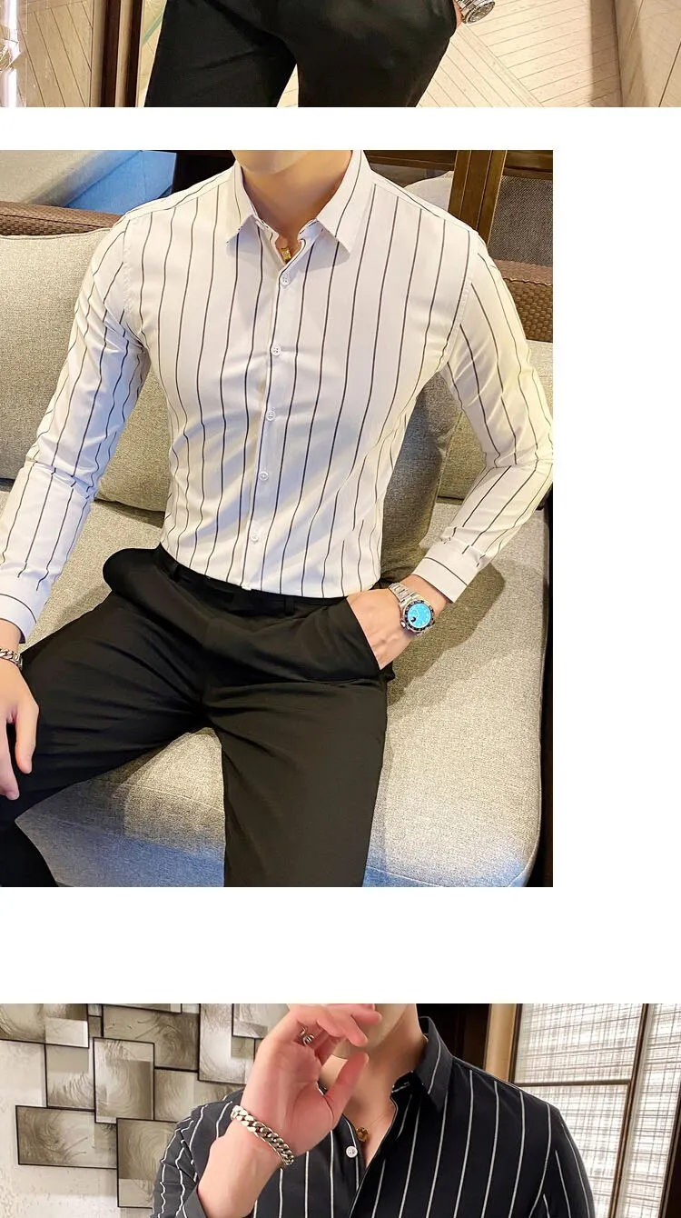 Fashion Men Shirts Button Down Slim Fit Long Sleeve Striped Shirts