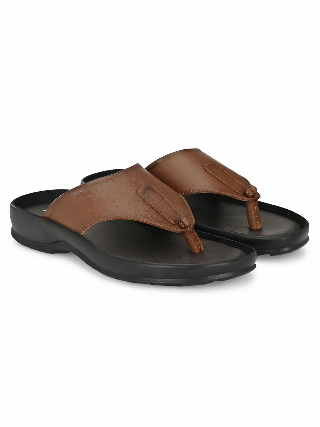 Hitz Men's Tan Leather Open Toe Indoor Outdoor Comfort Slippers