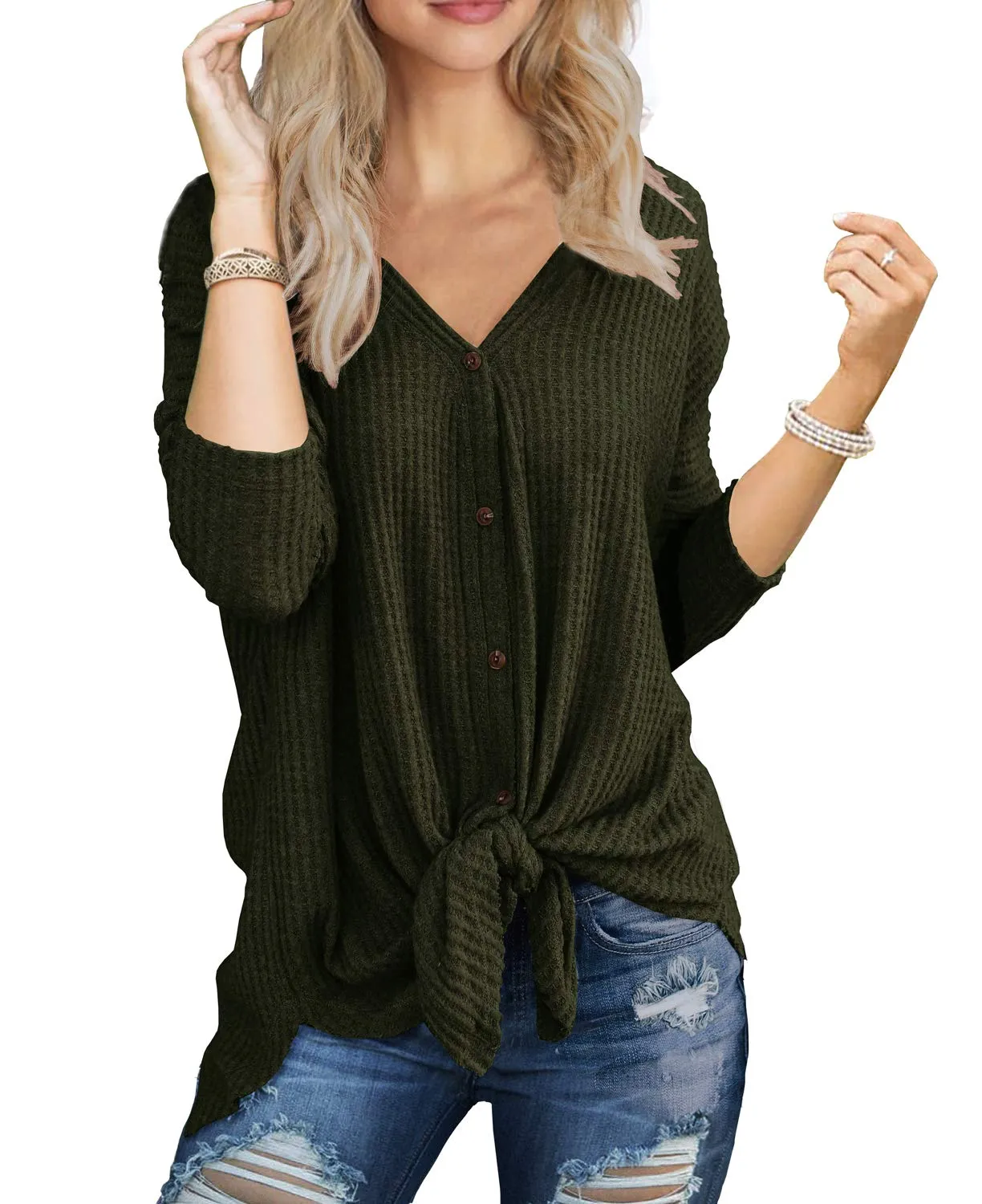JWD Women's Waffle Knit Tunic Blouse Tie Knot Henley Tops Loose Fitting Bat Wing Plain Shirt