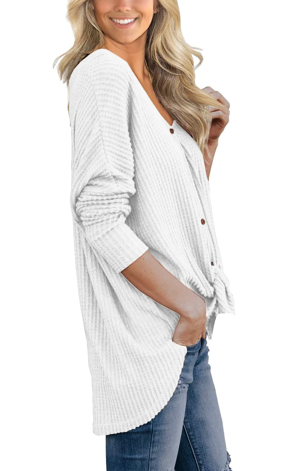 JWD Women's Waffle Knit Tunic Blouse Tie Knot Henley Tops Loose Fitting Bat Wing Plain Shirt