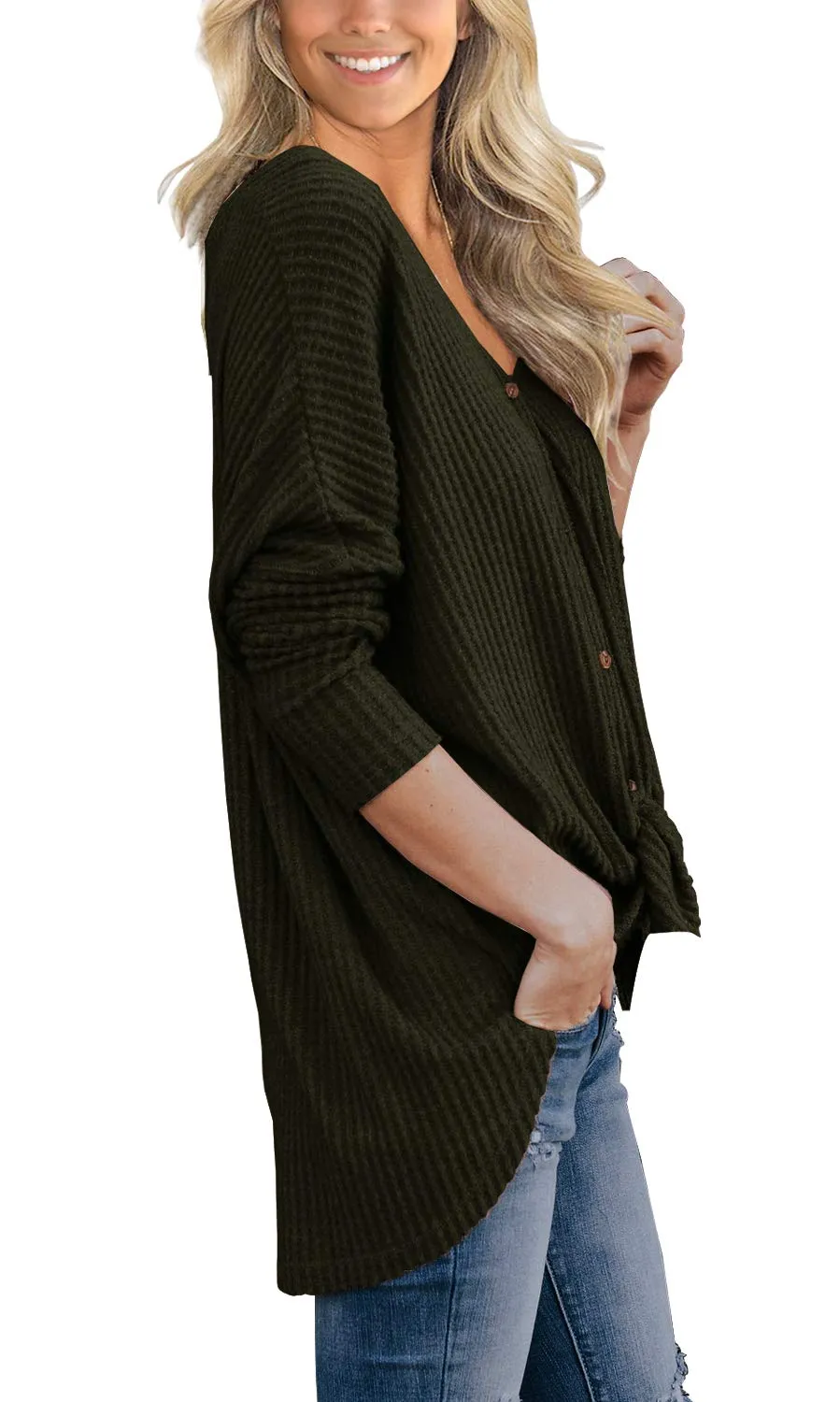 JWD Women's Waffle Knit Tunic Blouse Tie Knot Henley Tops Loose Fitting Bat Wing Plain Shirt