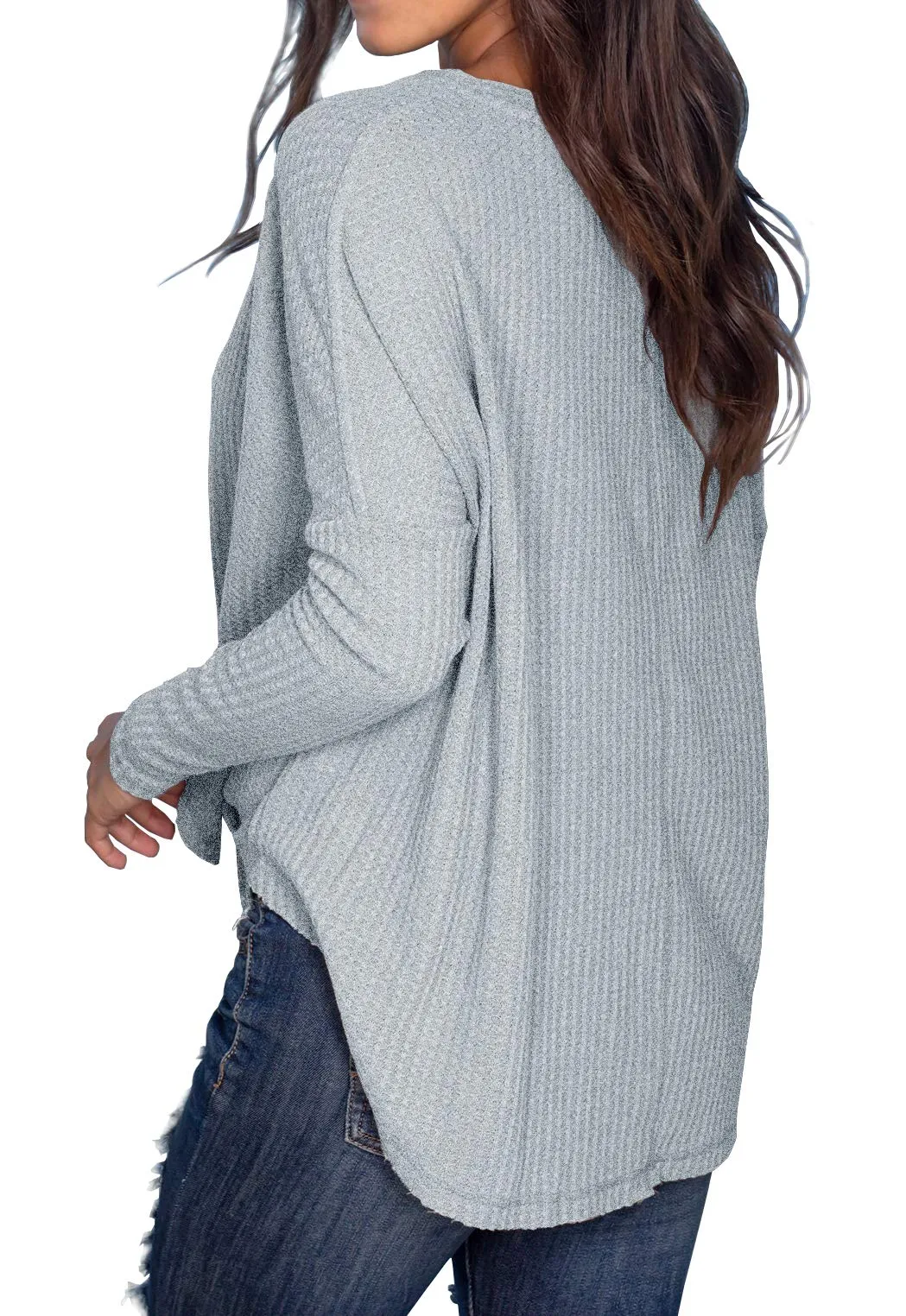 JWD Women's Waffle Knit Tunic Blouse Tie Knot Henley Tops Loose Fitting Bat Wing Plain Shirt