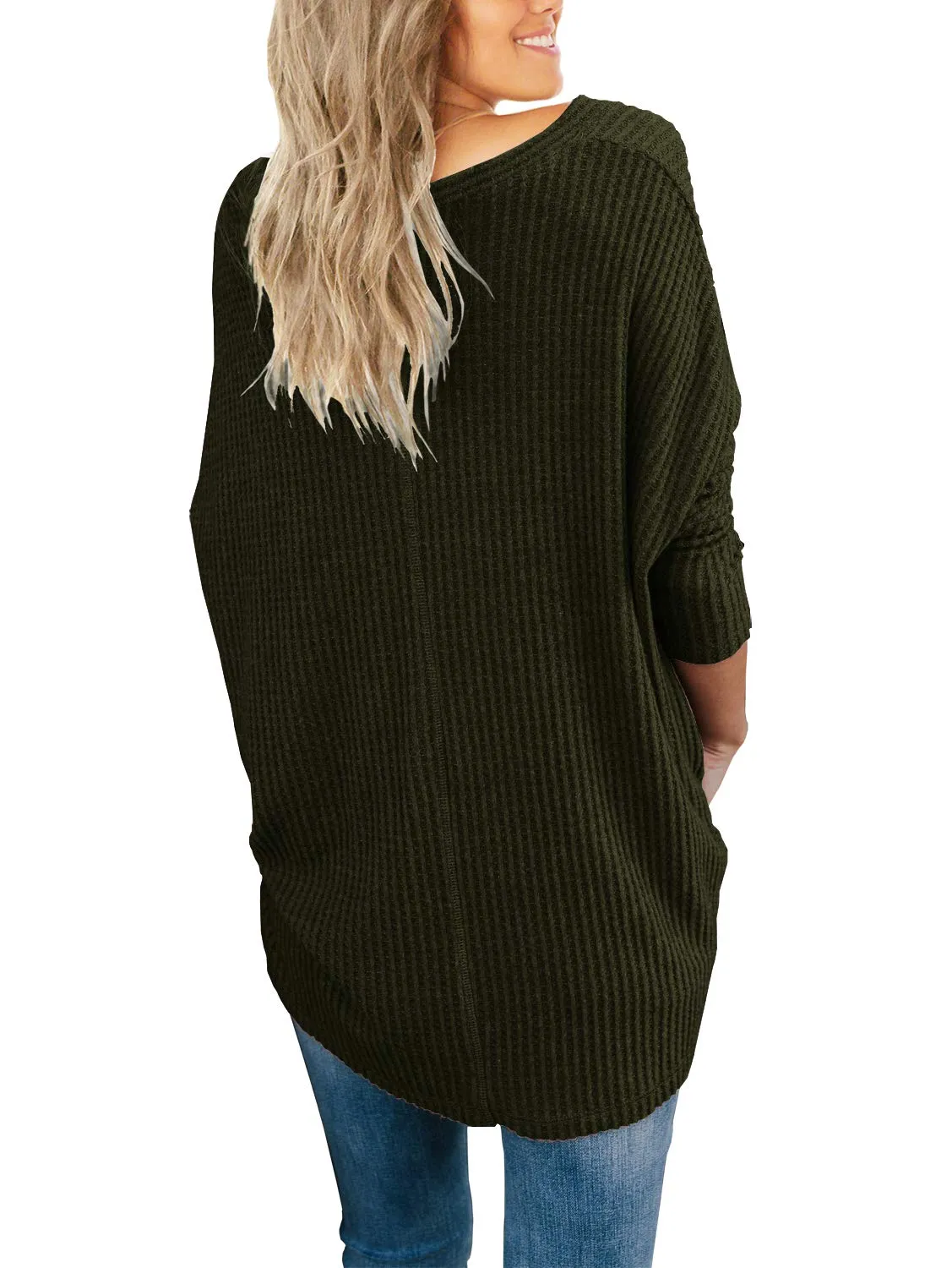 JWD Women's Waffle Knit Tunic Blouse Tie Knot Henley Tops Loose Fitting Bat Wing Plain Shirt