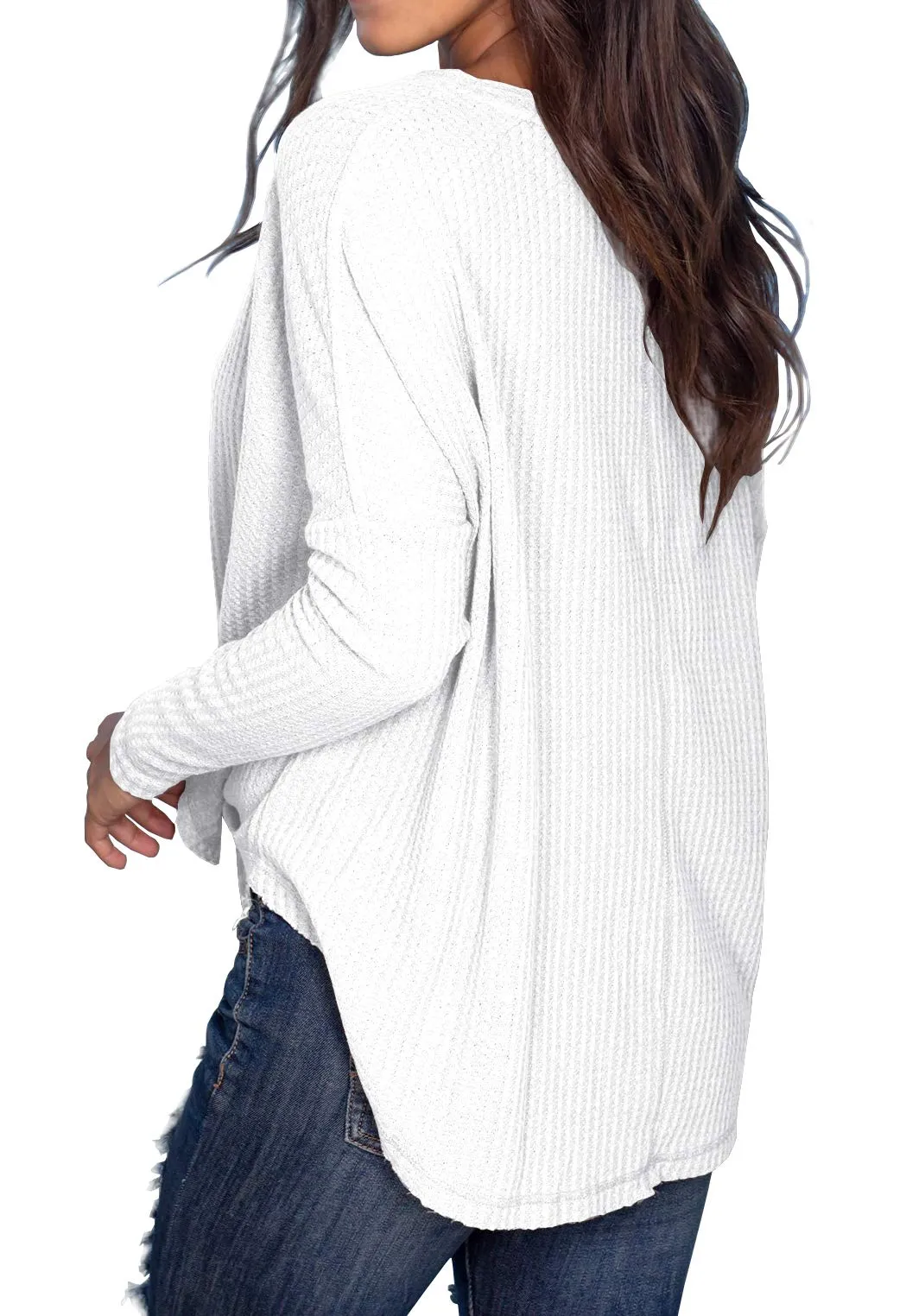 JWD Women's Waffle Knit Tunic Blouse Tie Knot Henley Tops Loose Fitting Bat Wing Plain Shirt