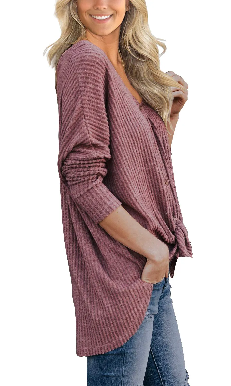 JWD Women's Waffle Knit Tunic Blouse Tie Knot Henley Tops Loose Fitting Bat Wing Plain Shirt