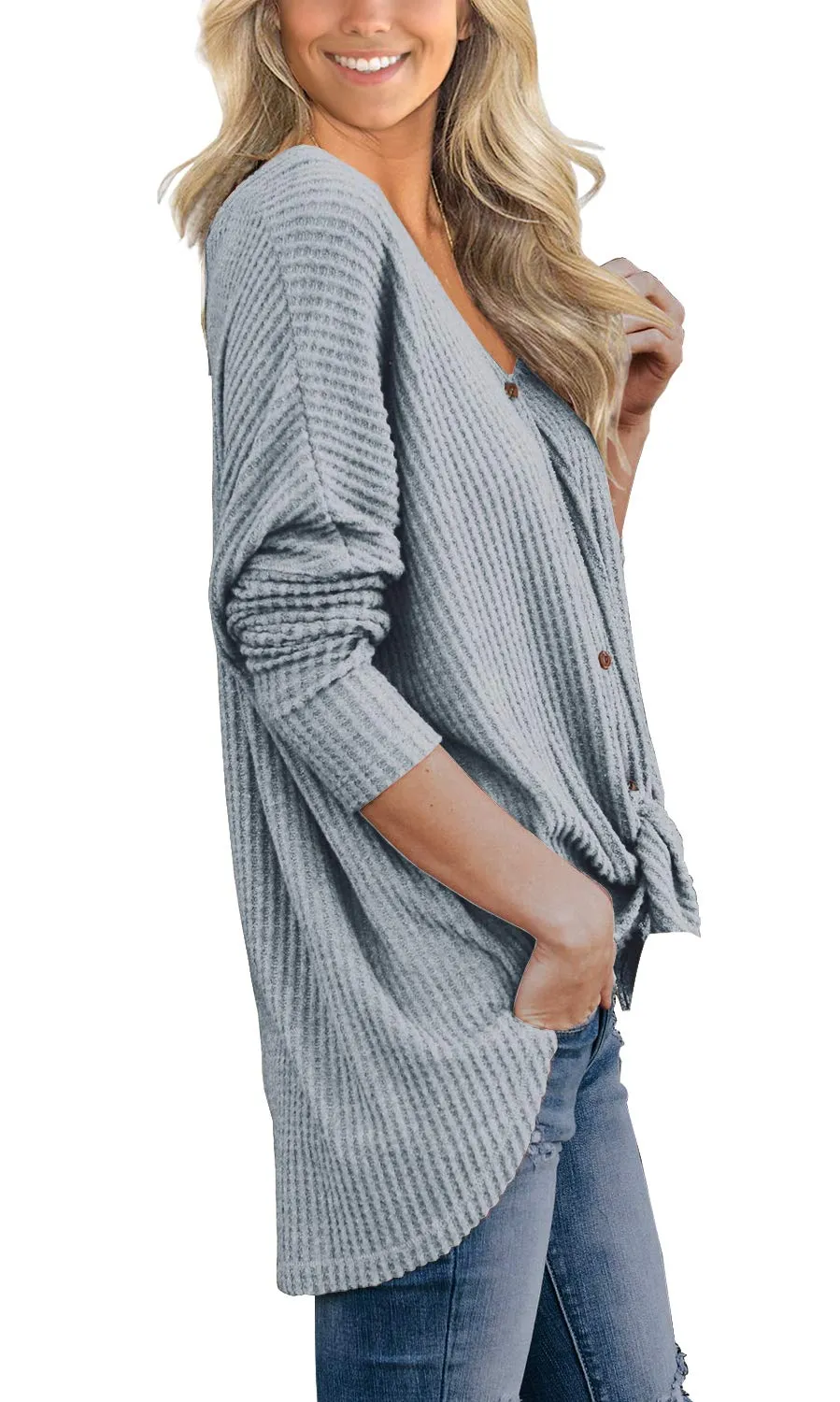 JWD Women's Waffle Knit Tunic Blouse Tie Knot Henley Tops Loose Fitting Bat Wing Plain Shirt
