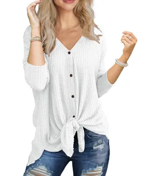 JWD Women's Waffle Knit Tunic Blouse Tie Knot Henley Tops Loose Fitting Bat Wing Plain Shirt