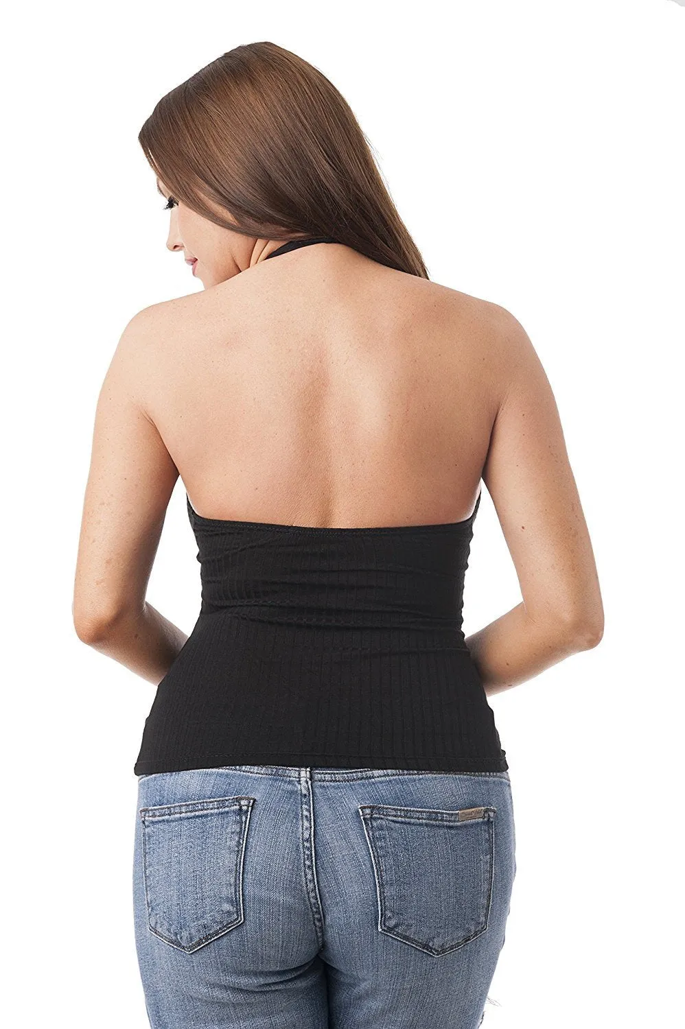 Khanomak Backless Halter V Neck Crop Top